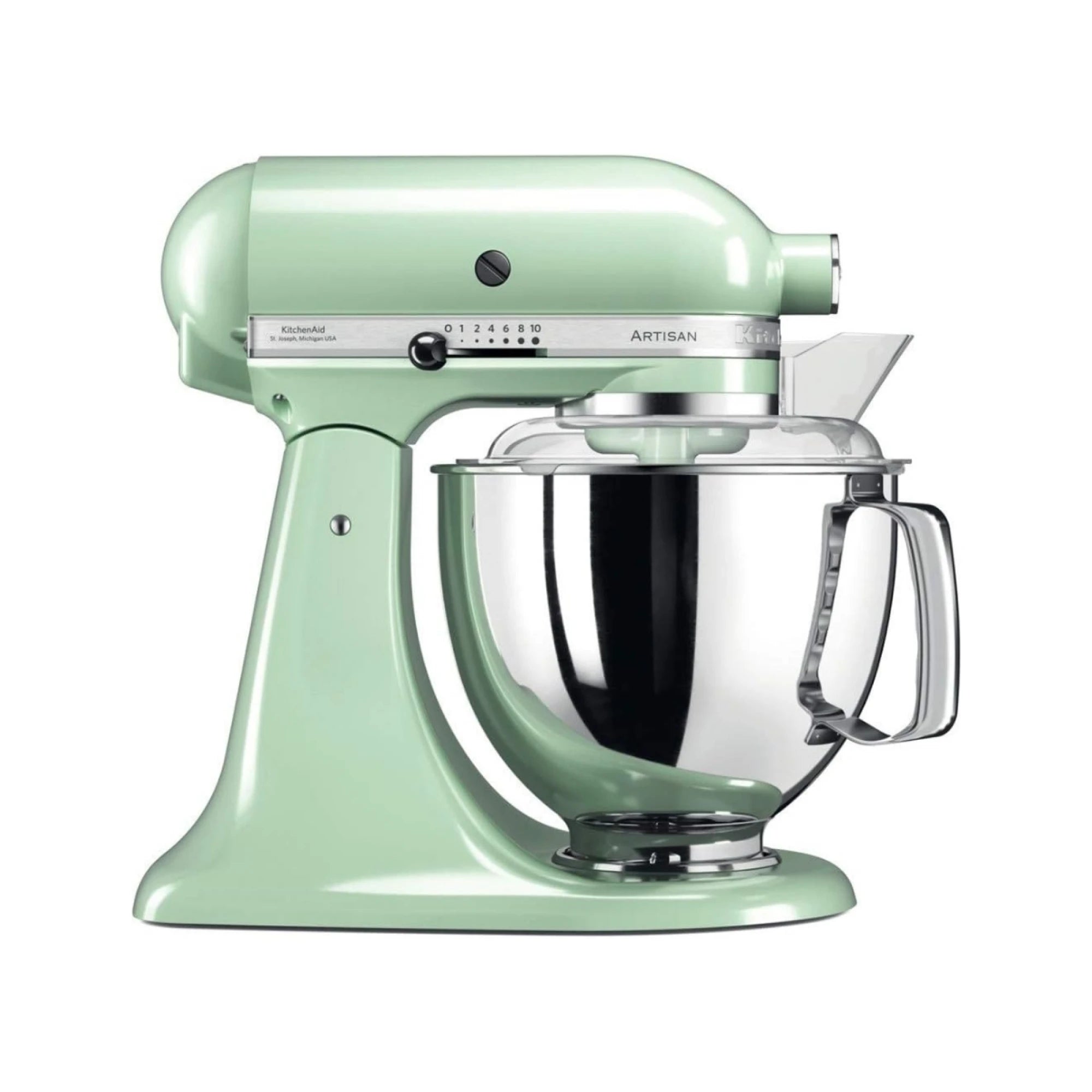 Vista lateral de la batidora planetaria Artisan Plus Kitchenaid pistacho