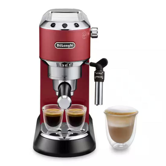 Vista frontal de la cafetera delonghi dedica style roja