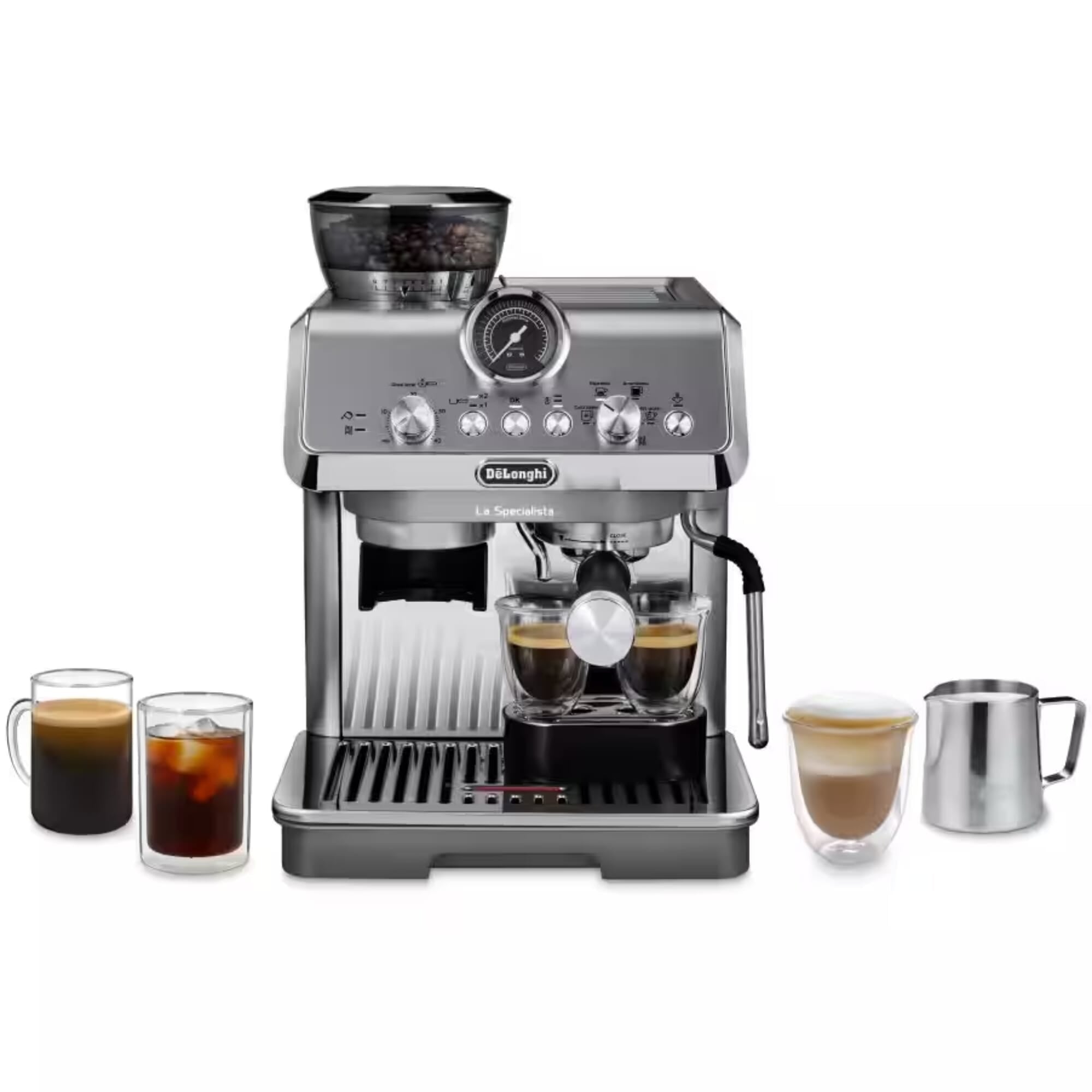 Vista frontal de cafetera DeLonghi La Specialista Arte Evo con bebidas de café frías y calientes